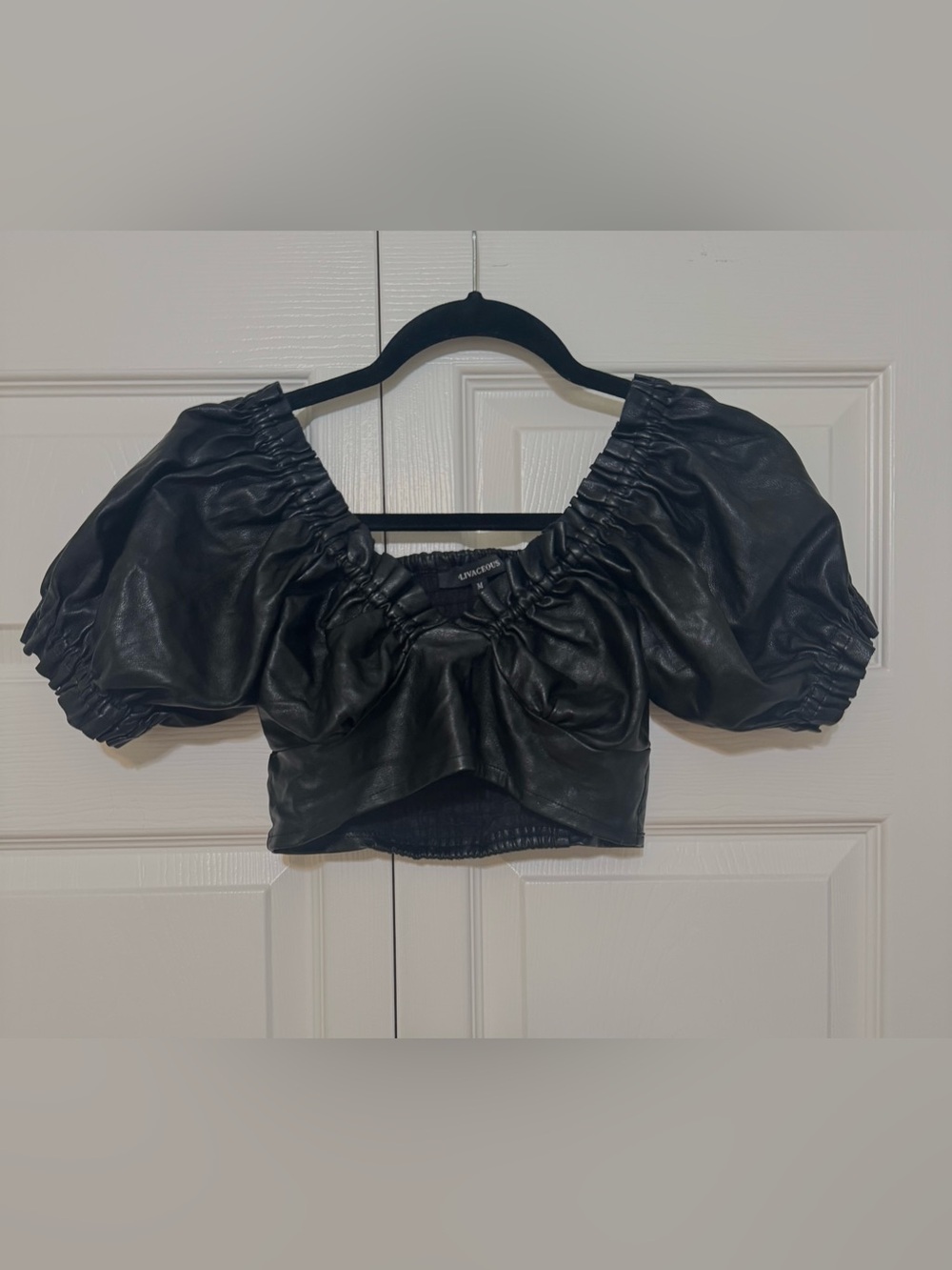 Olivaceous PIff Sleeve Leather Top